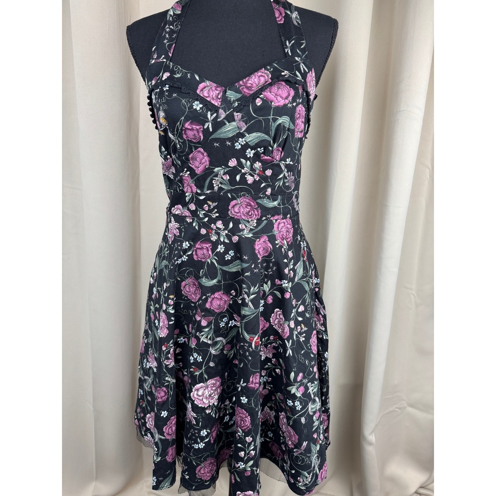 Hot Topic Floral Insect Swing Halter Black Rose Fit & Flare Goth Cottagecore ‎ S